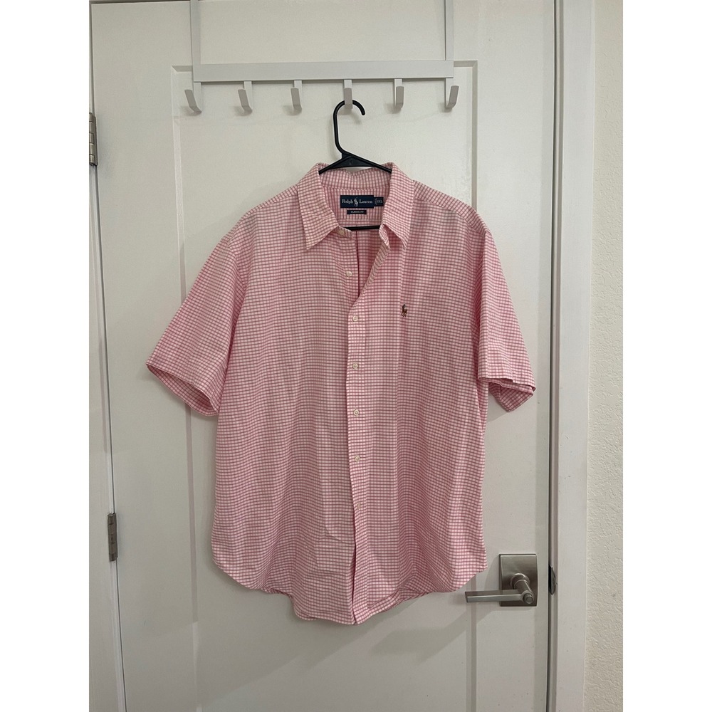 Vintage 90s Ralph Lauren Pink Pony Embroidered Checkered Button Up Men's